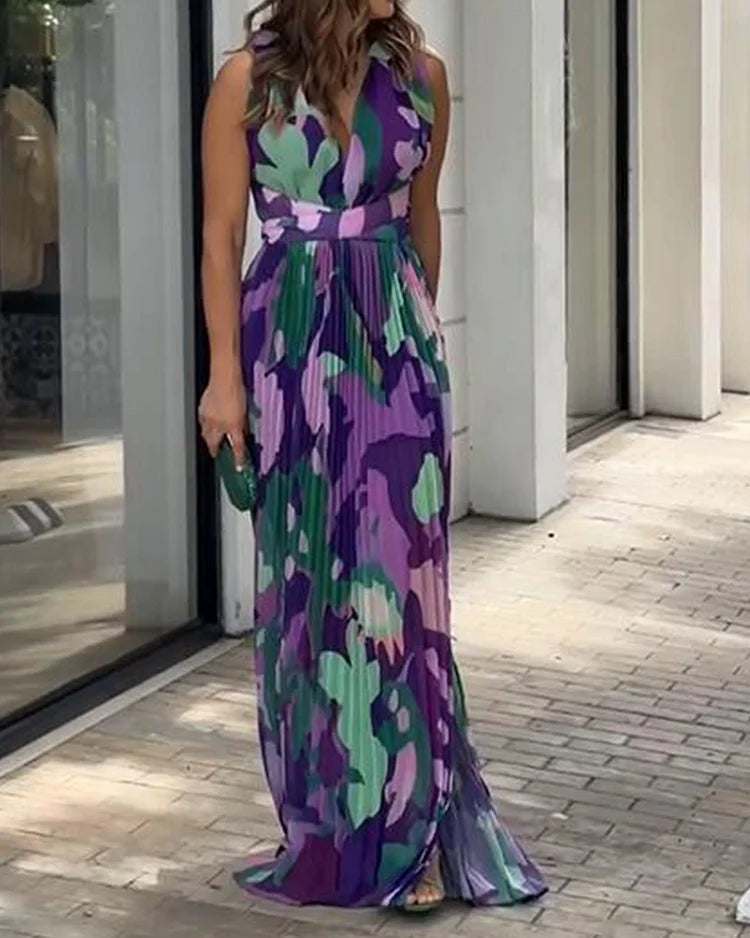 Camilo | Sleeveless Contrasting Floral Print Pleated Maxi Dress