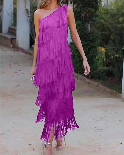 Adella - Off-Shoulder Elegant Fringe Dress